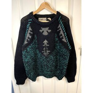 Vtg Forum Acrylic Leather Trim Black & Teal Chunky Knit Sweater Size Medium